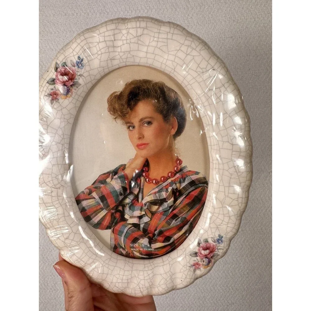 Vintage 90s Ceramic Crackle Glass Oval Picture Frame 5x7 Floral Cottagecore NEW!